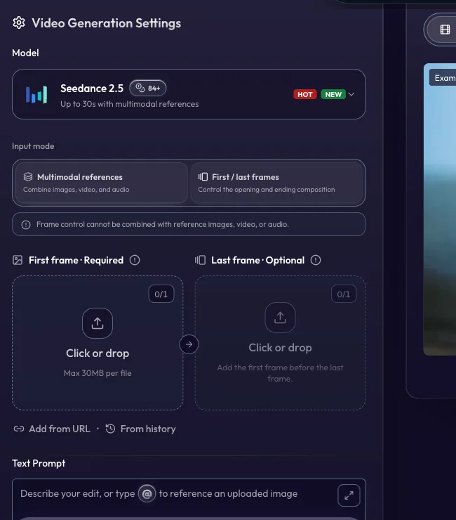 First and last frame inputs in the Whisk AI video workspace with a required opening image and optional ending image
