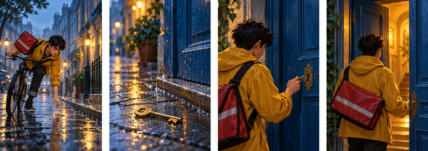 Four-shot concept storyboard showing a courier, a brass key and a blue door on a rainy street