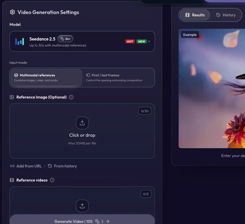 Whisk AI video workspace showing the model selector, multimodal references mode and reference-image upload area