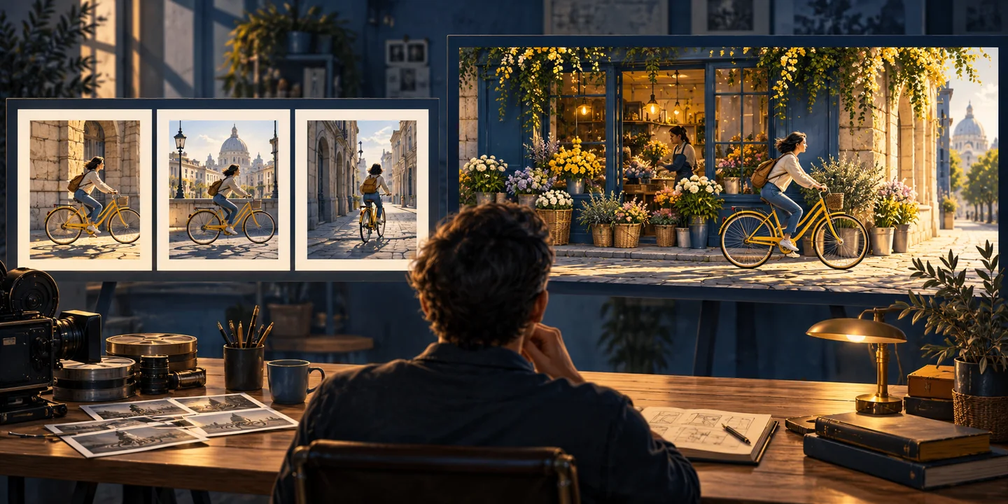 Concept illustration contrasting three separate bicycle shots with a wider continuous scene