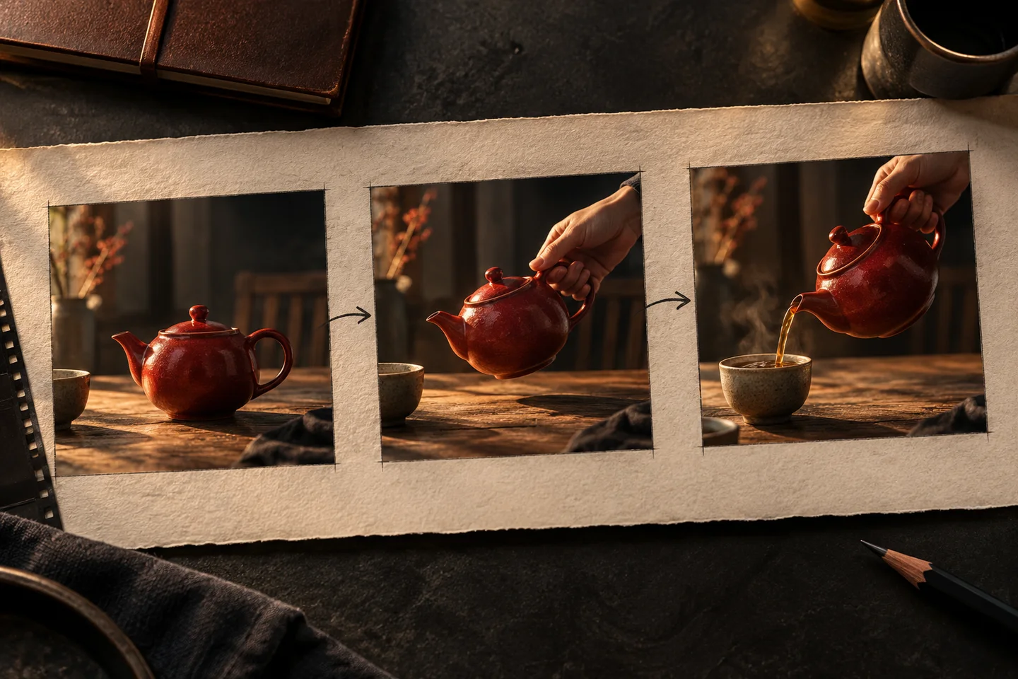 Concept storyboard showing a red teapot at rest, lifted by a hand, then pouring tea