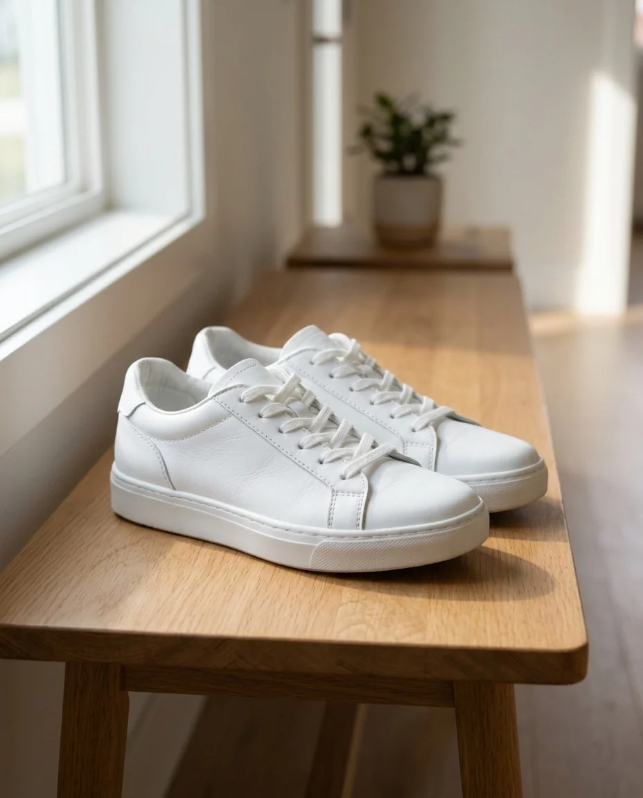 Actual Whisk AI lifestyle output with the white sneaker pair facing right on a wooden bench by a window