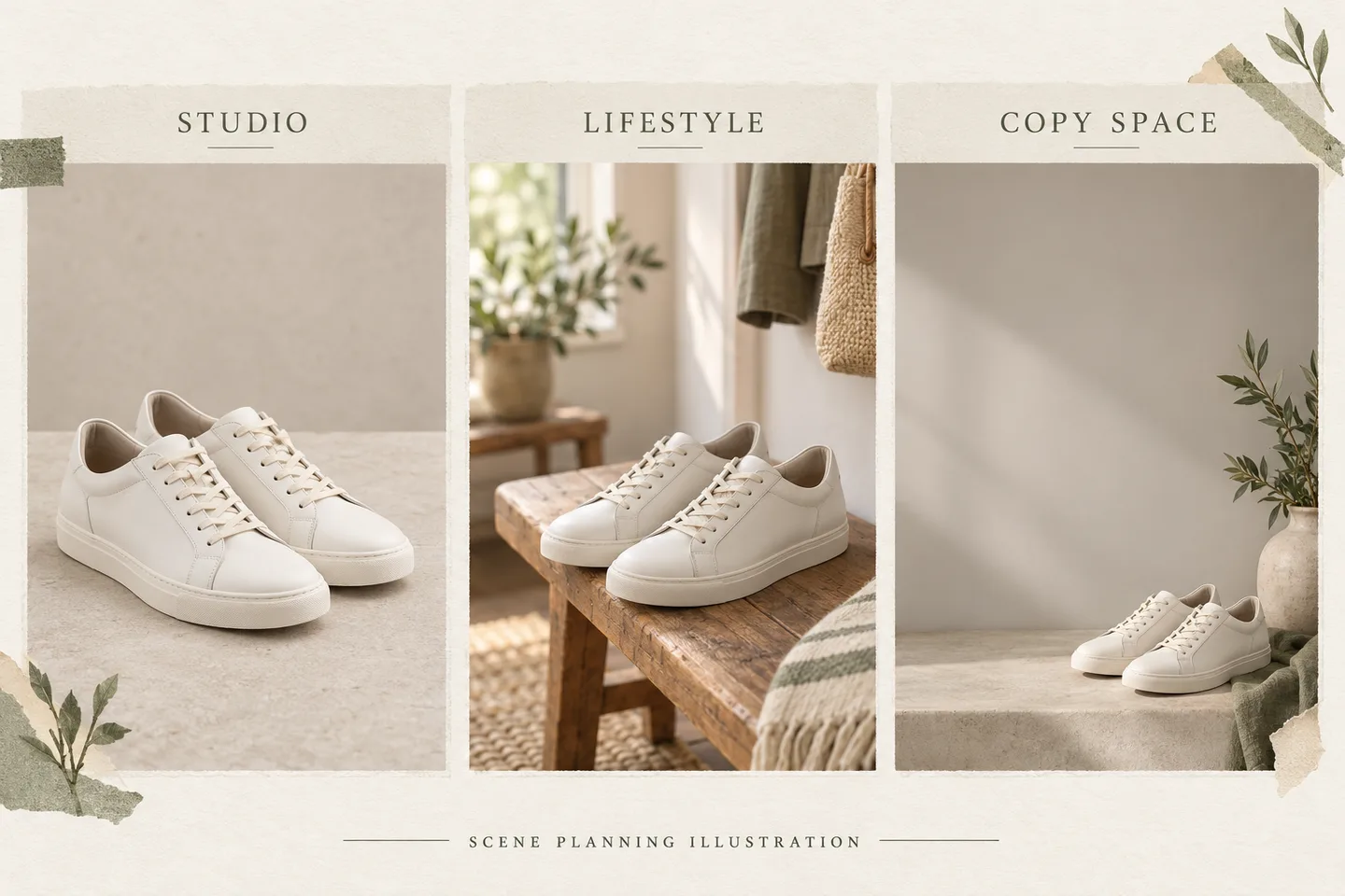 Illustrated planning board for white sneakers in a studio scene, a lifestyle setting, and an advertising composition with copy space