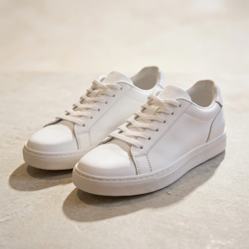 Actual Whisk AI studio test output showing the sneaker pair on a pale stone surface