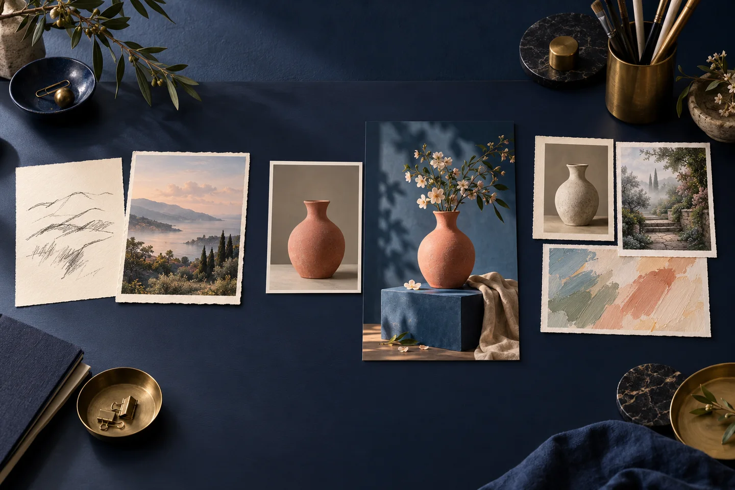 Concept illustration of a written brief, an image reference, and a subject-scene-style reference board