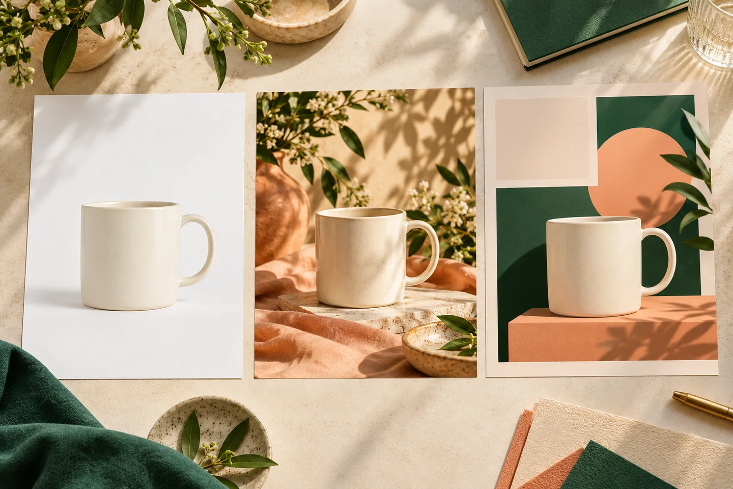 Conceptual illustration of a simple product photo, a creative campaign scene, and a social media layout