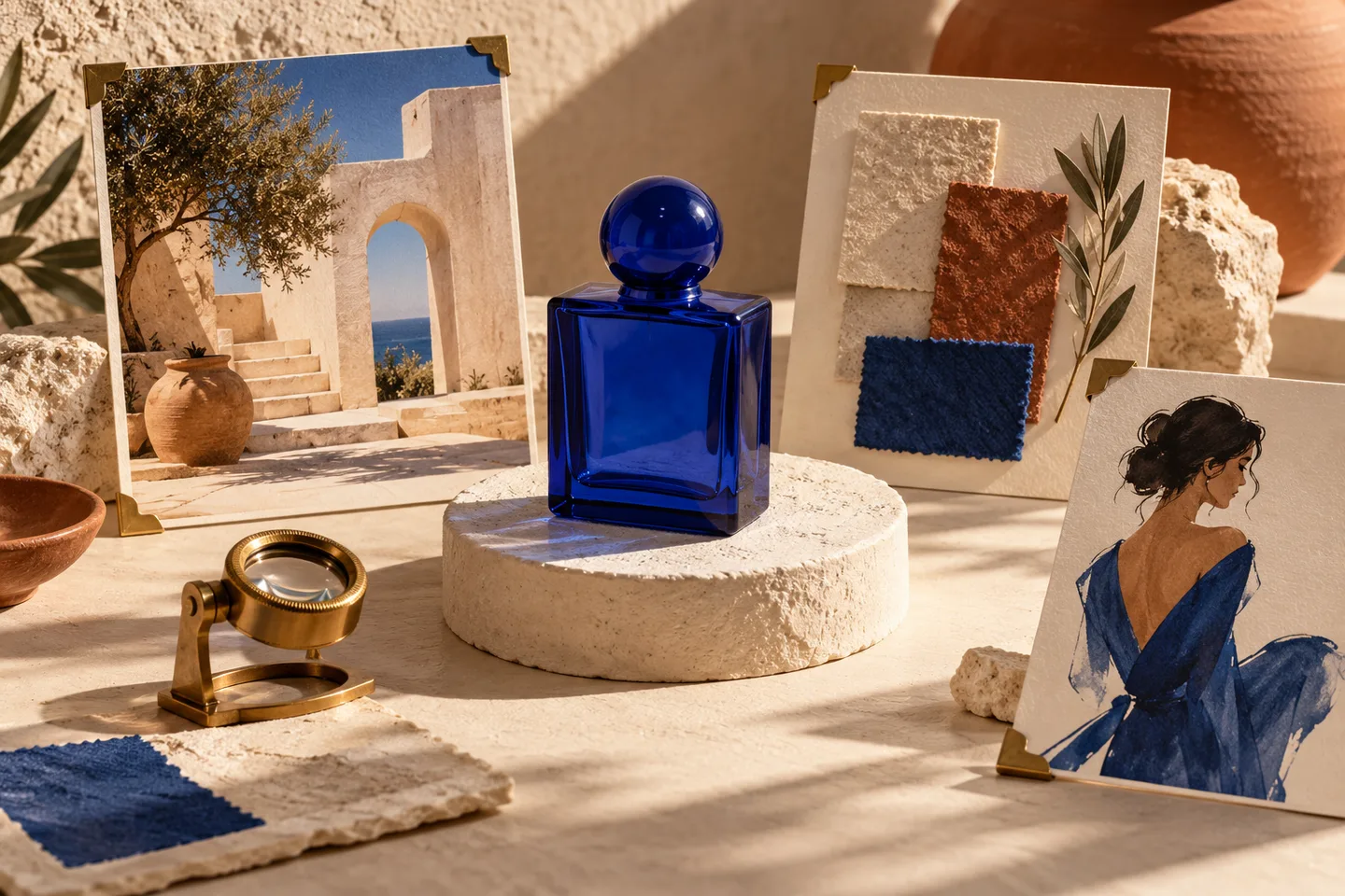 Conceptual editing brief with a cobalt bottle, scene reference, material swatches, character card and magnifying glass