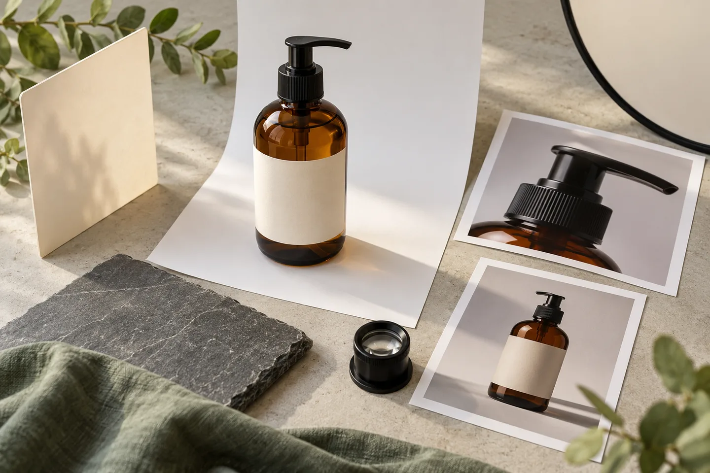 Conceptual preparation kit with an amber pump bottle, detail photographs, surface sample, reflector and loupe