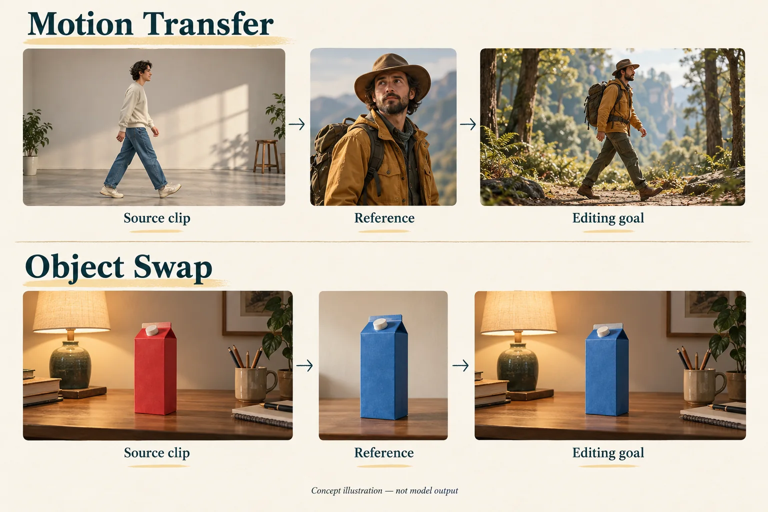 Concept illustration comparing a walking performance transferred to an explorer character with a red carton replaced by a blue carton on the same desk