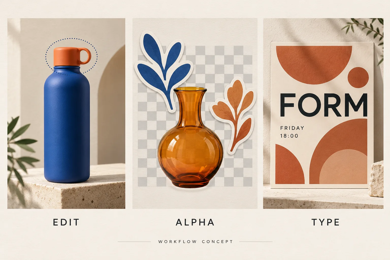 Concept illustration of a bottle cap marked for a local edit, amber glass over a checkerboard, and a poster with separate text elements