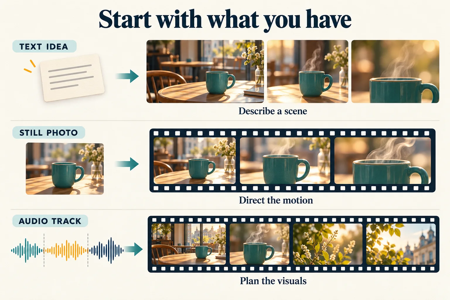 Concept illustration showing a written idea, still photograph, and audio track leading to different visual creation workflows