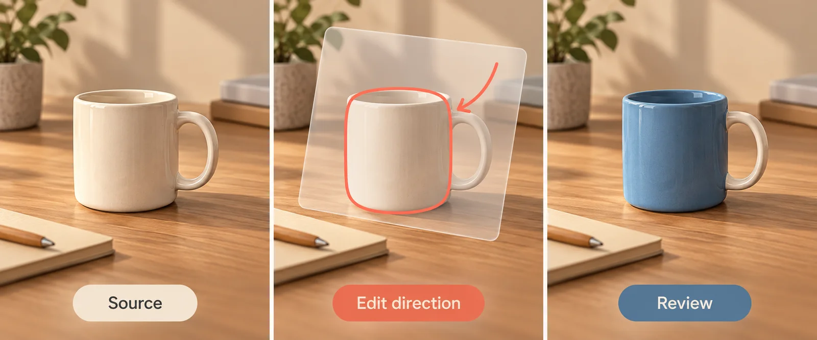 Concept illustration of a cream mug, a visual edit direction, and a blue mug to review