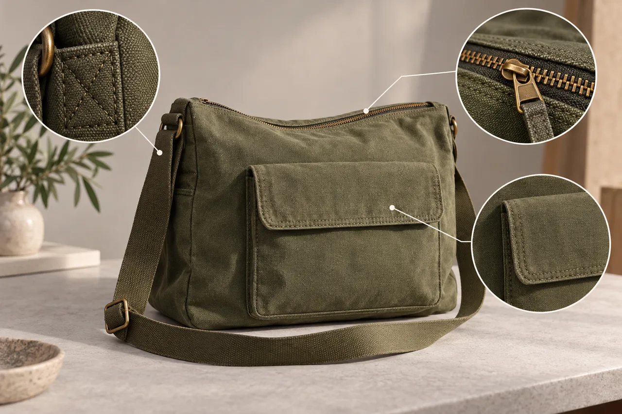 Concept inspection board showing an olive canvas bag with enlarged views of its stitching, zipper and pocket