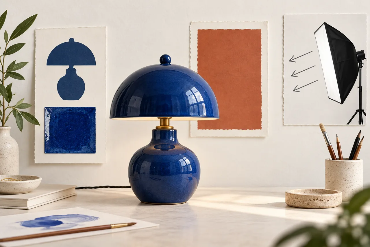 Concept illustration of a blue desk lamp with separate cards for product details, background and lighting