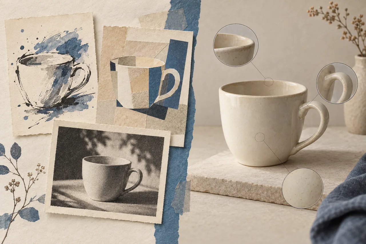 Concept illustration contrasting stylized ceramic-cup studies with close inspection of a realistic cup's handle and rim
