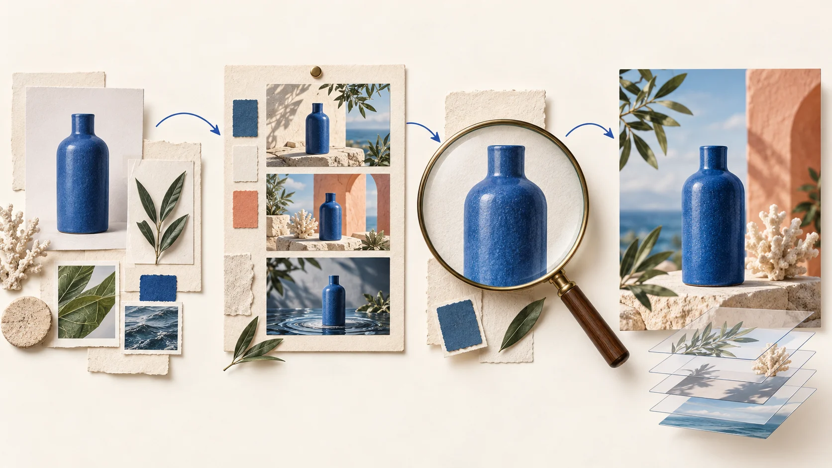 Conceptual workflow from image references to variations, detail review, and a layered deliverable