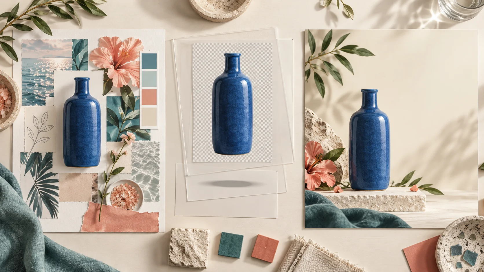 Illustrative product campaign showing a moodboard, separated editing layers, and a finished visual composition